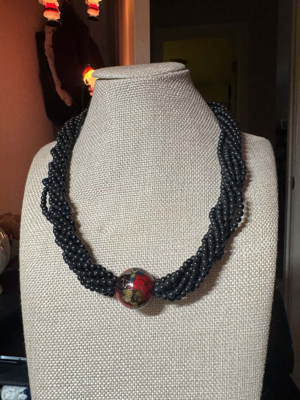 Vintage Multi Strand Black Bead Necklace With Cloisonne Focal Bead